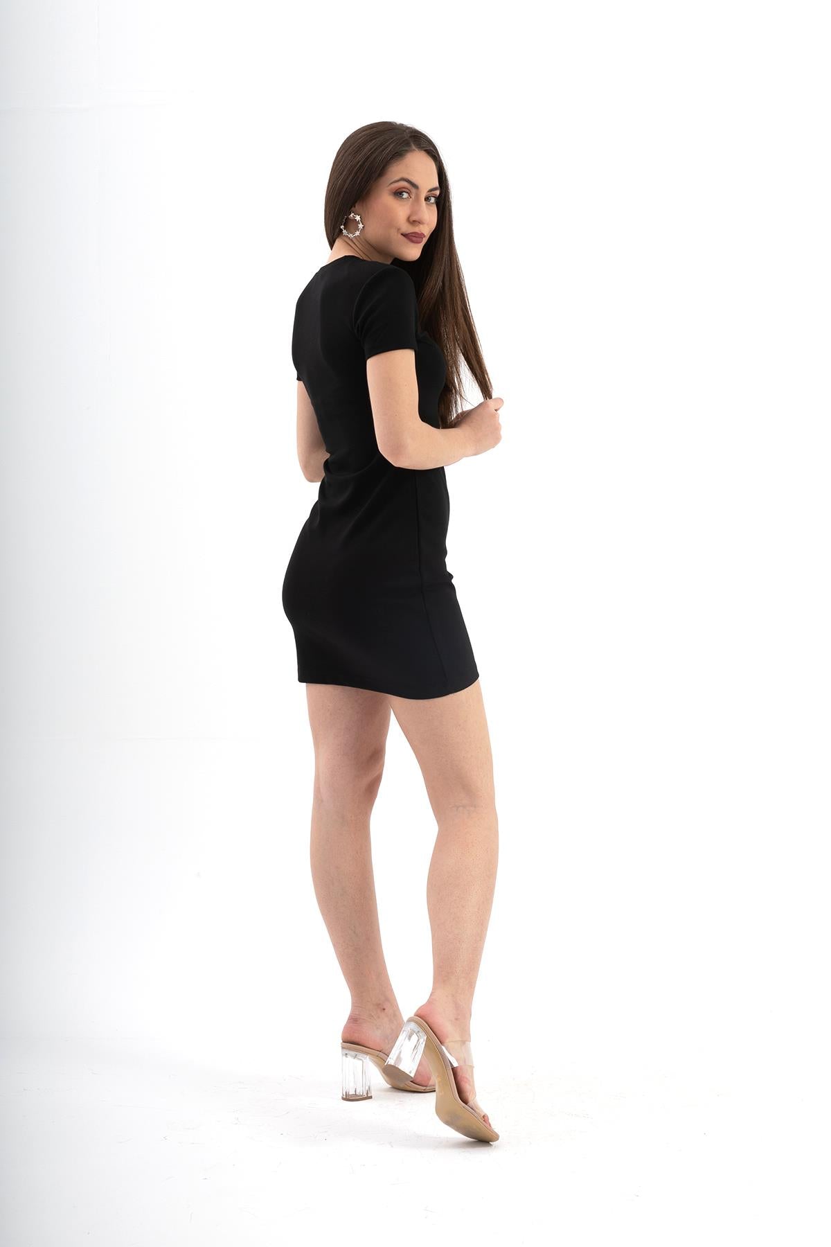 Women's Short Sleeve Short Dress with Padded Shoulders - Black - STREETMODE™