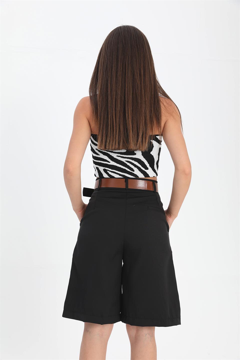 Women's Shorts High Waist Belted Bermuda - Black - STREETMODE™
