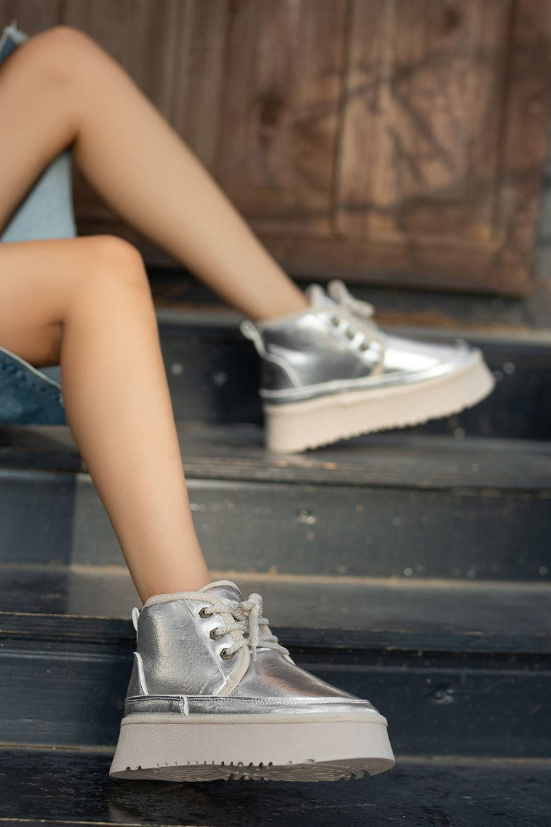 Women's Silver Shiny Leather Thick Soled Lace-Up Ankle Boots - STREETMODE™