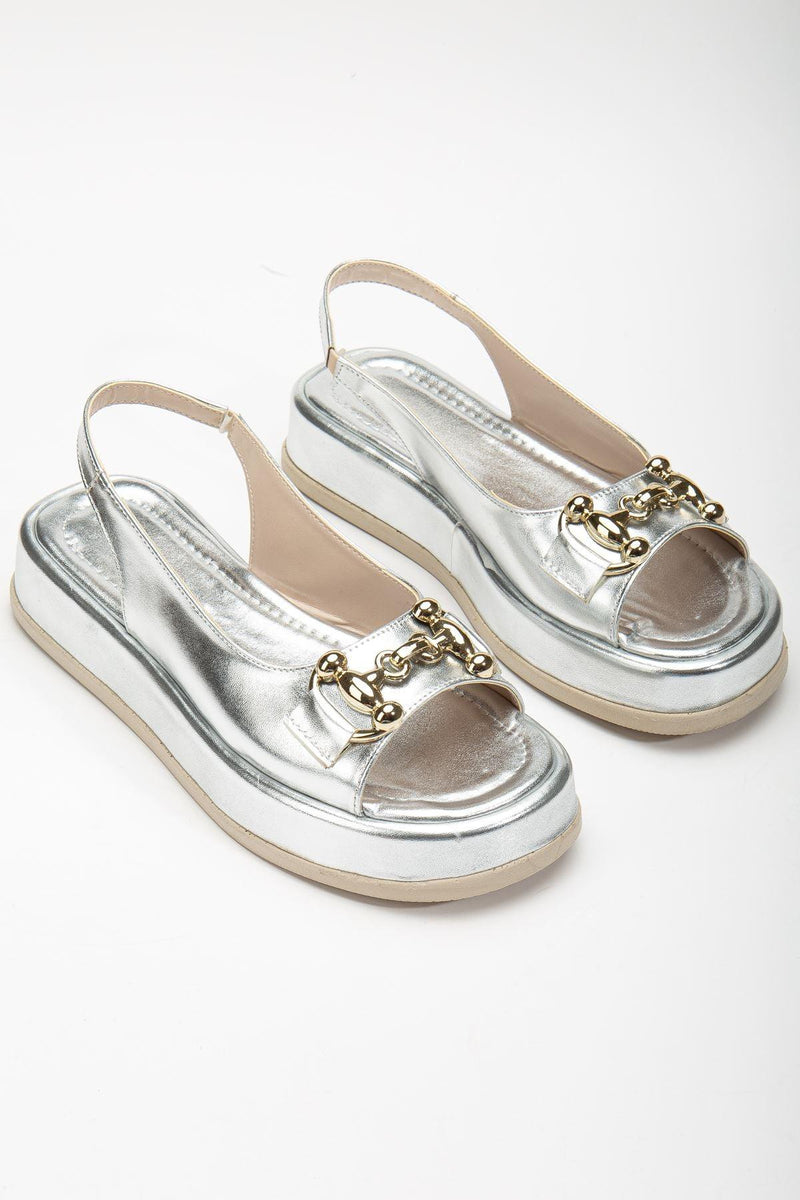 Women's Silver Shiny Skin Buckle Detailed Sandals - STREETMODE™