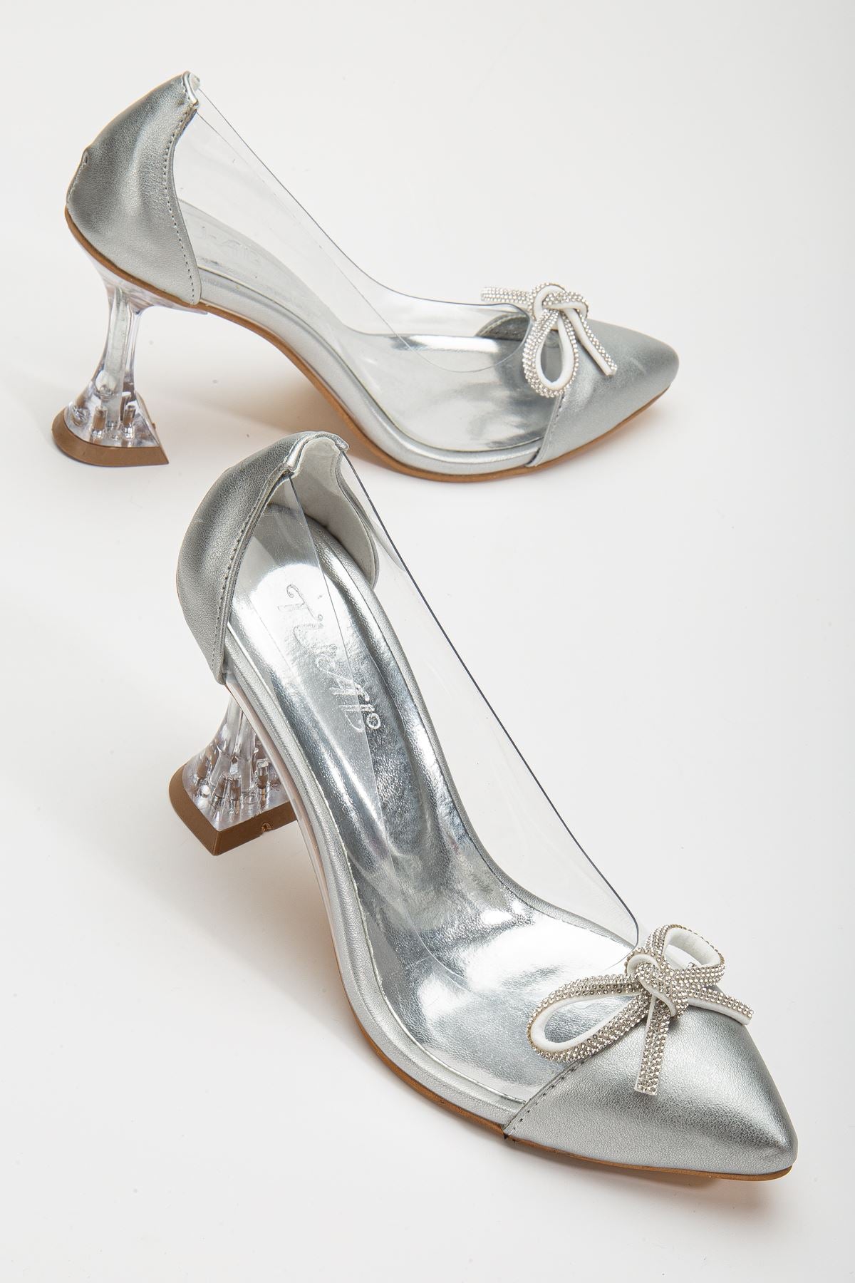 Women's Silver Stiletto Stone Skin Transparent Heeled Shoes - STREETMODE™