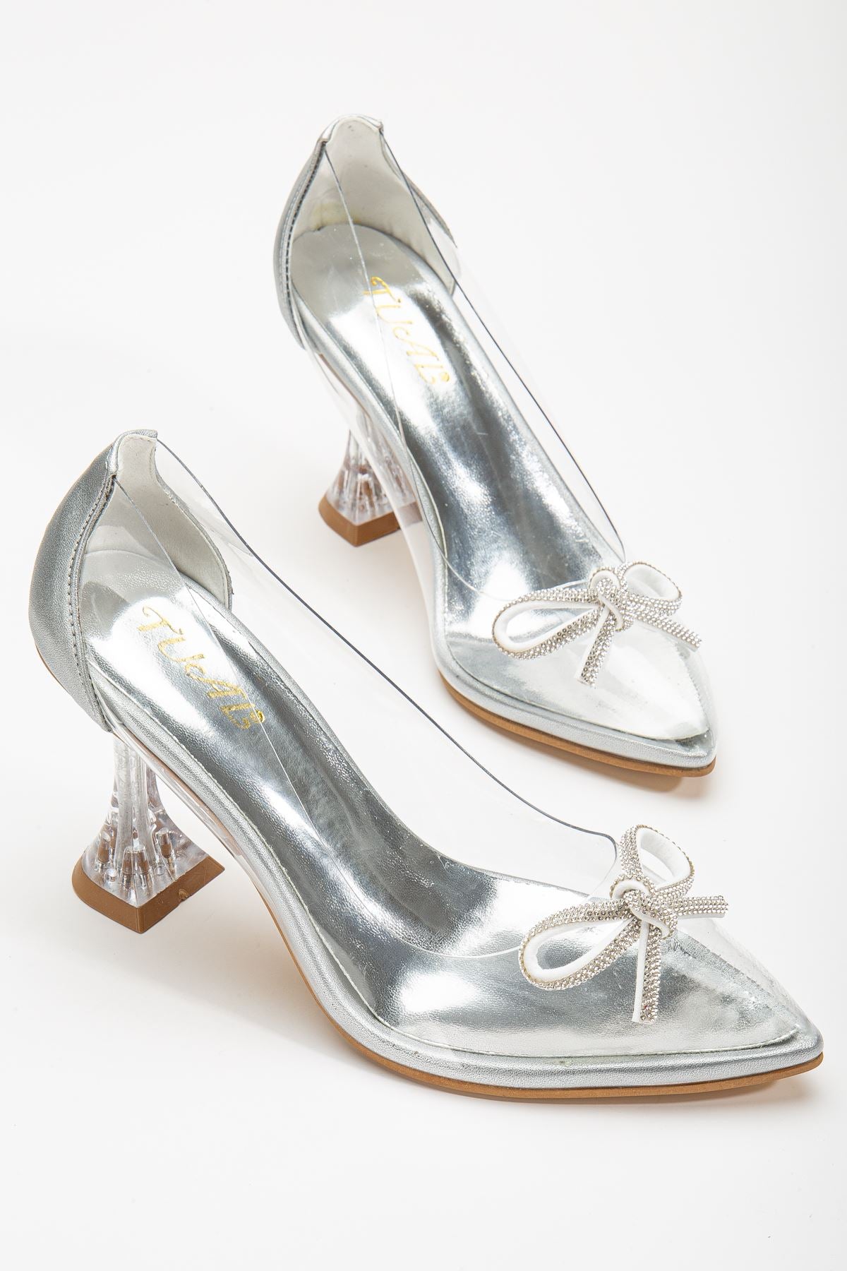 Women's Silver Stiletto Stone Transparent Heeled Shoes - STREETMODE™
