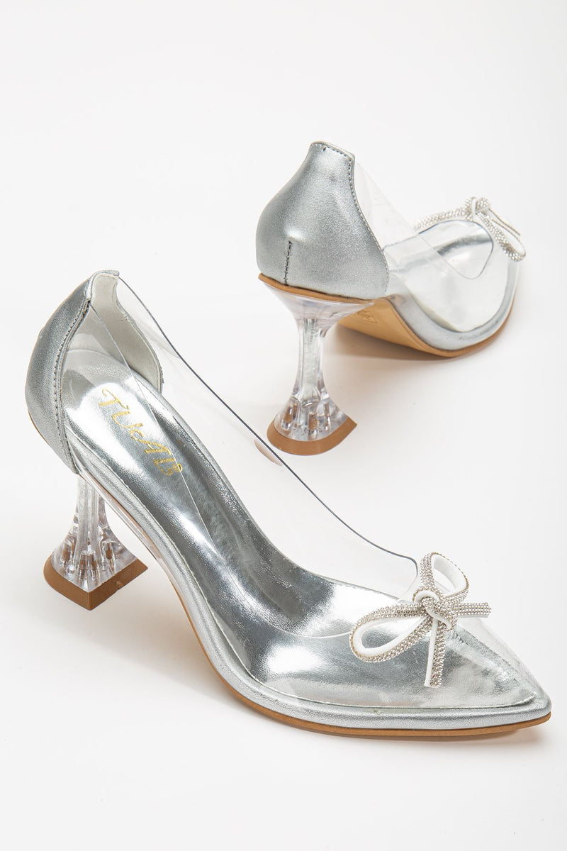 Women's Silver Stiletto Stone Transparent Heeled Shoes - STREETMODE™