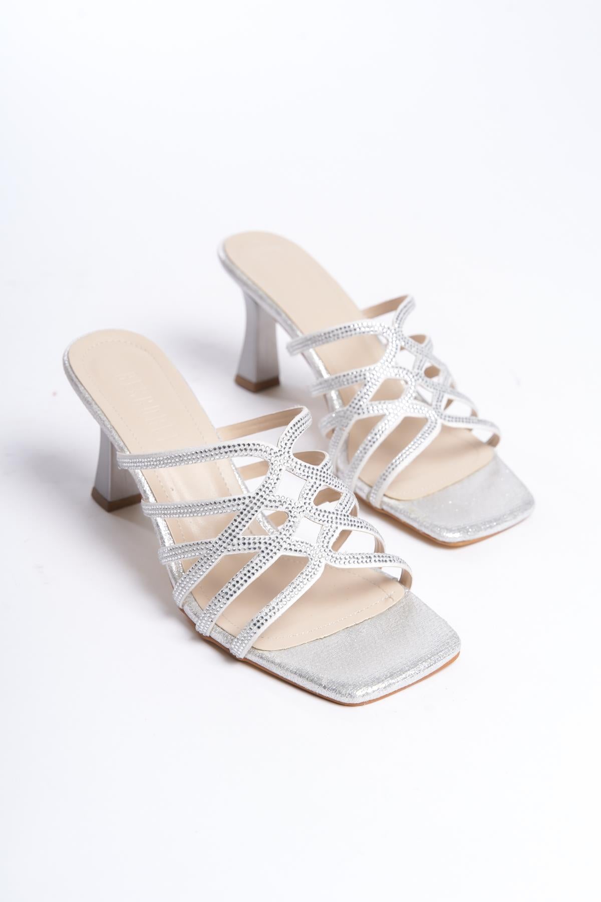 Women's Silver Stone Detailed 8 cm Heel Slippers - STREETMODE™