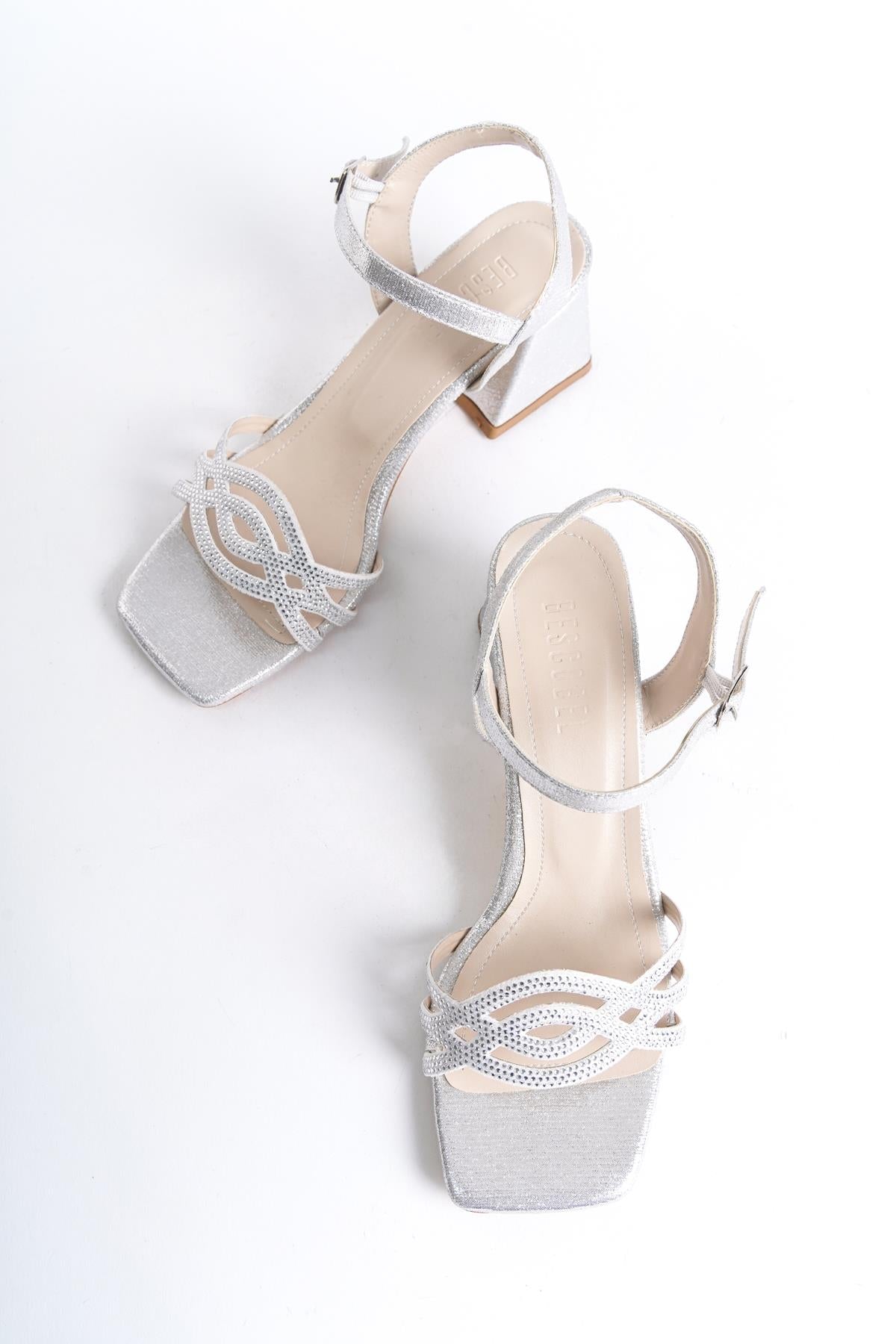 Women's Silver Yekm Low Heel Stone Evening Dress Sandals Shoes 201 - STREETMODE™