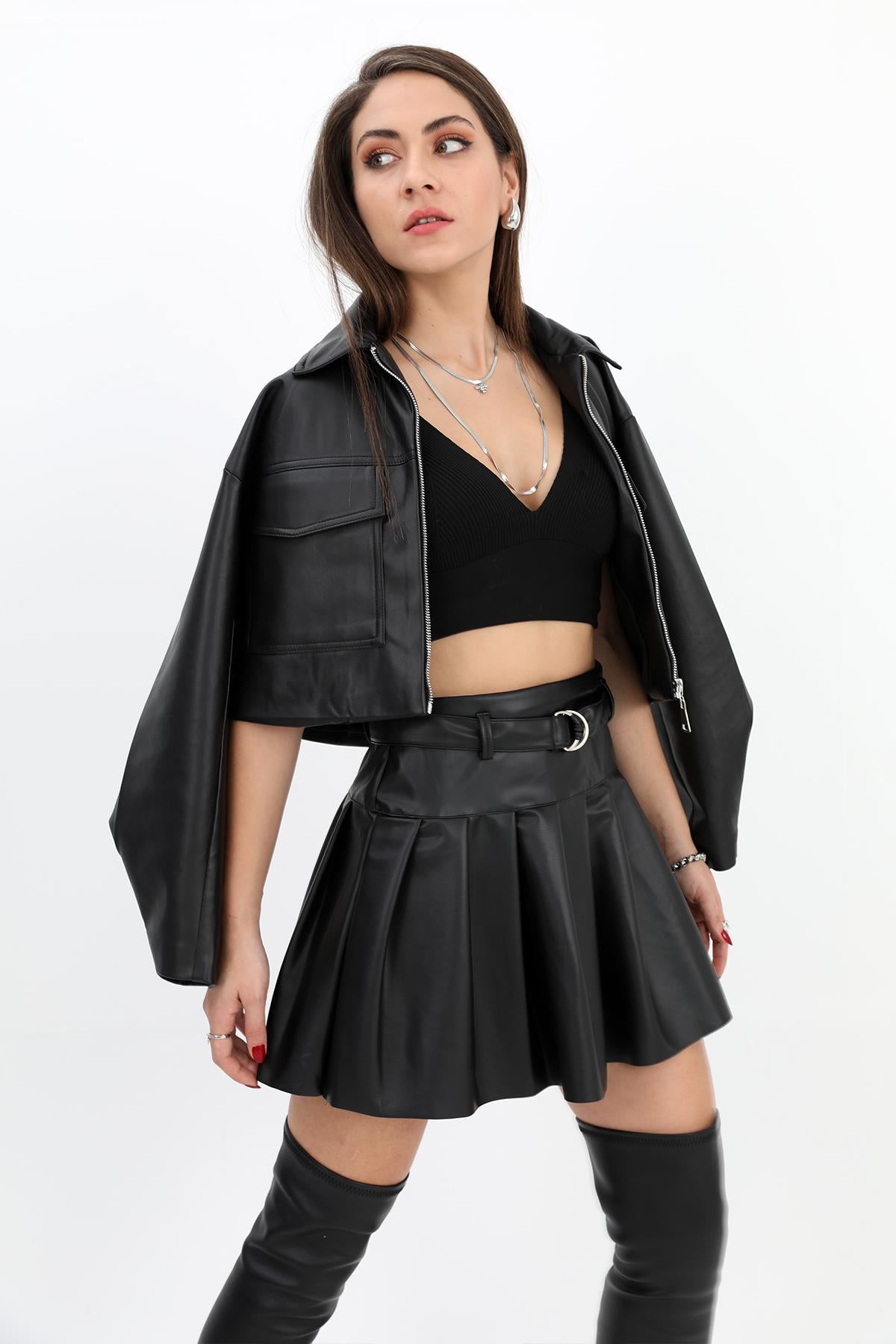 Women's Skirt Pleated Belted Leather - Black - STREETMODE™