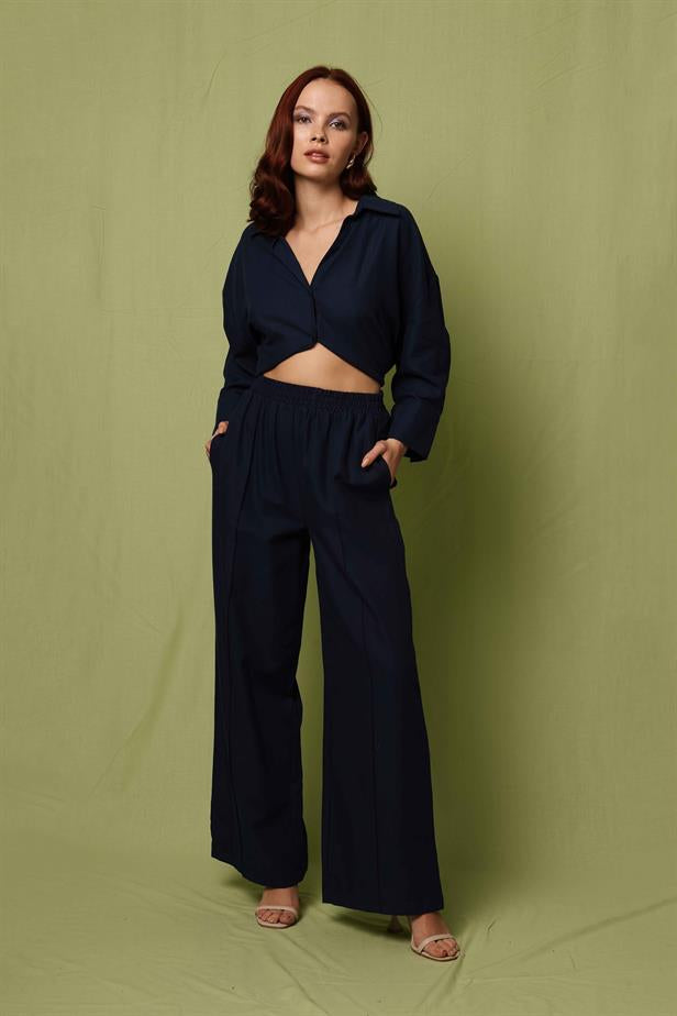Women's Stitching Detail Trousers Navy Blue - STREETMODE™