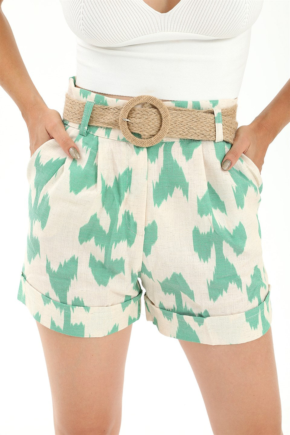 Women's Straw Belt Printed Linen Shorts - Green - STREETMODE™