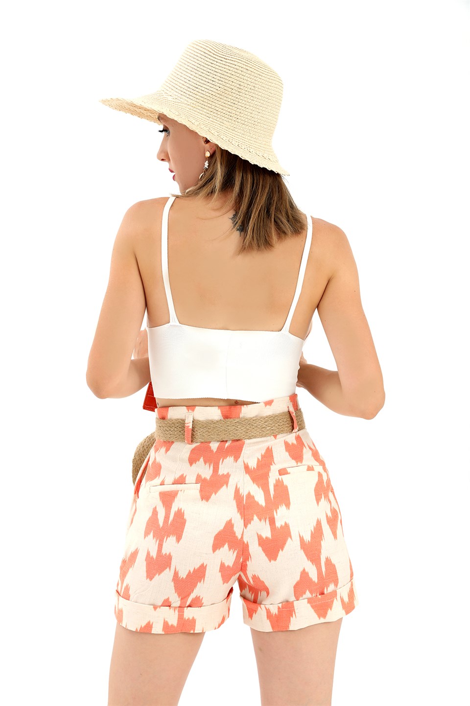 Women's Straw Belt Printed Linen Shorts - Orange - STREETMODE™