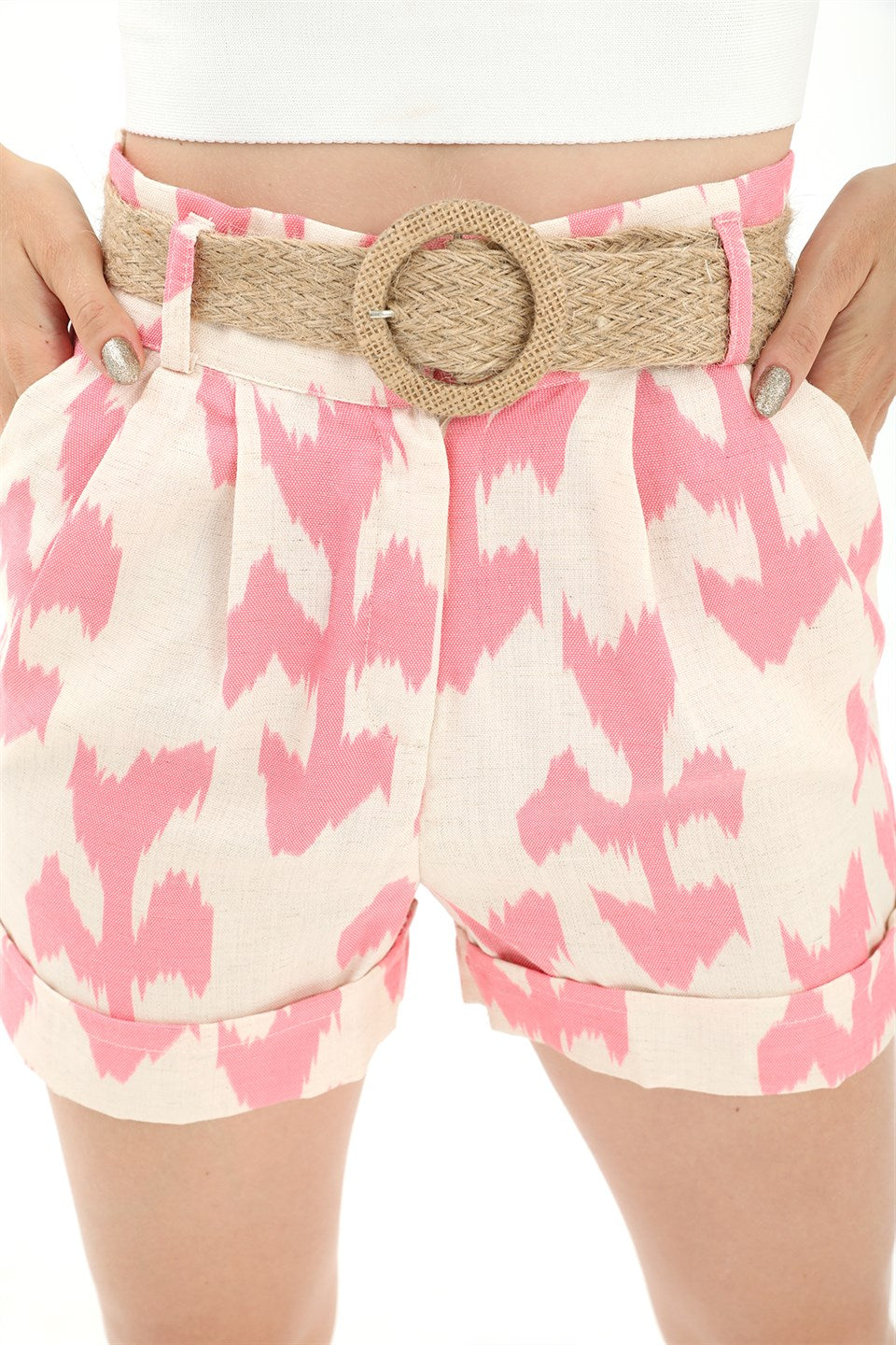 Women's Straw Belt Printed Linen Shorts - Pink - STREETMODE™