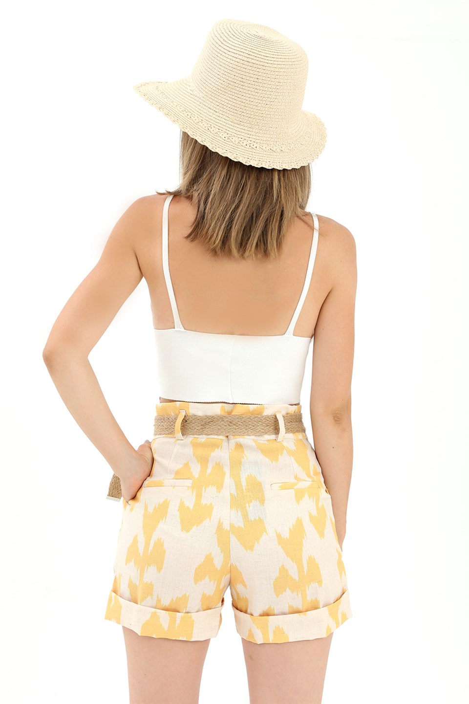 Women's Straw Belt Printed Linen Shorts - Yellow - STREETMODE™