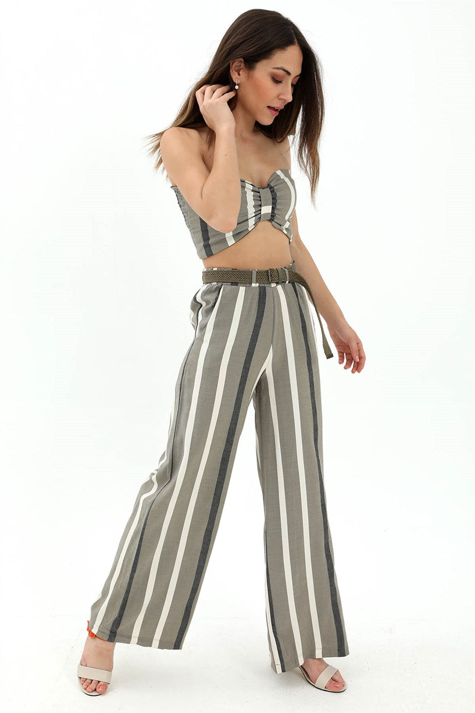 Women's Straw Belt Striped Linen Trousers - Green - STREETMODE™