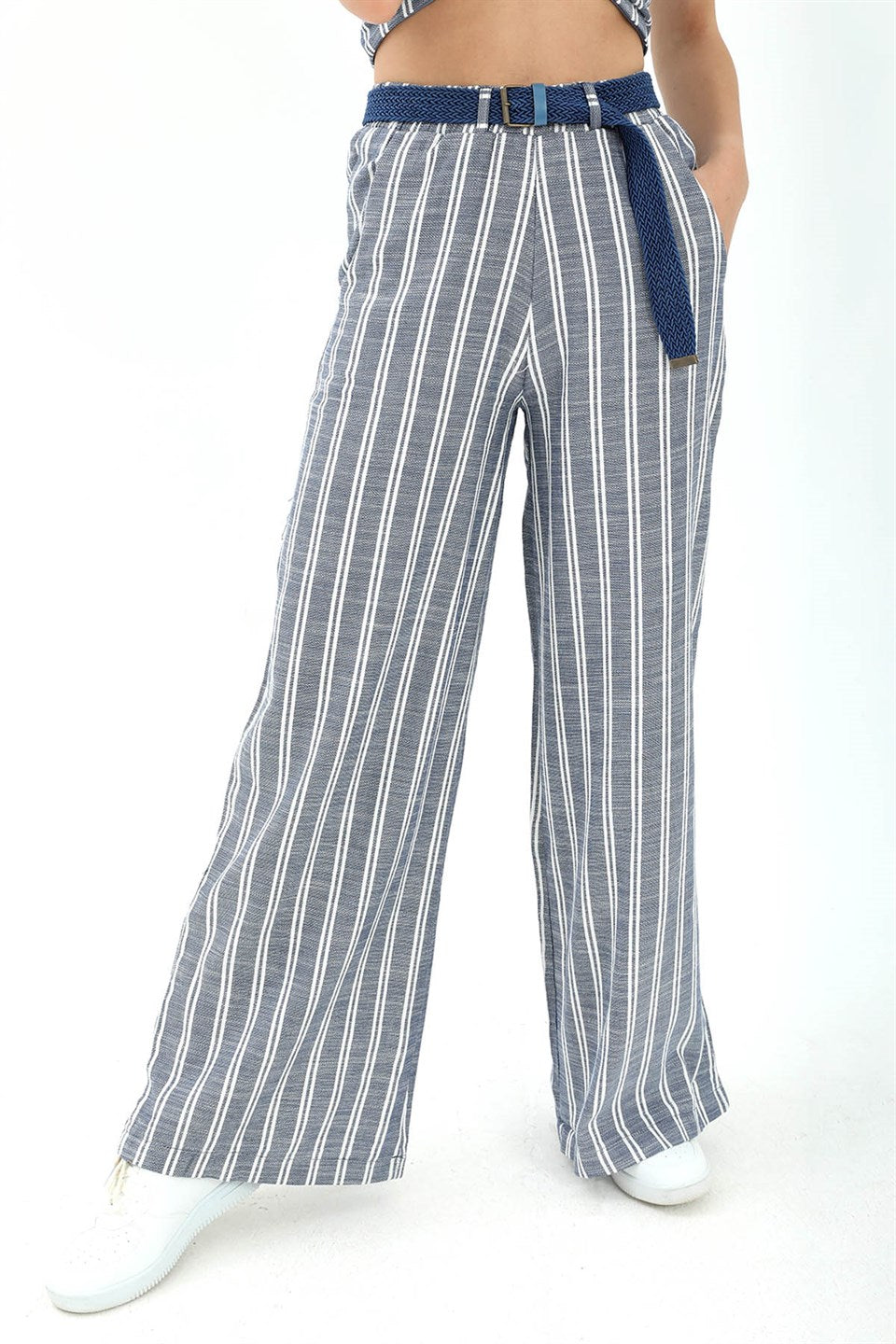 Women's Straw Belt Striped Linen Trousers - Indigo - STREETMODE™