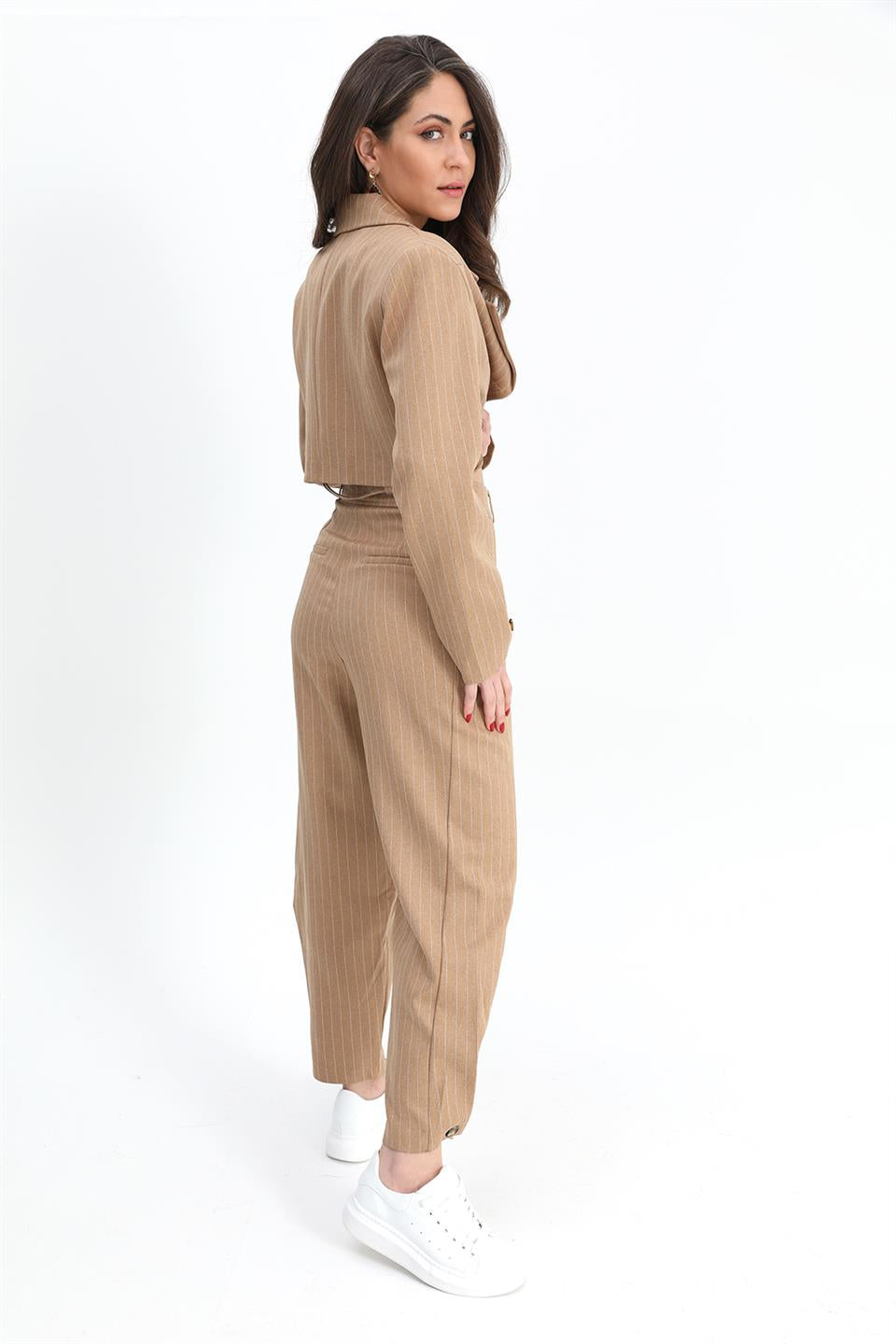 Women's Striped High Waist Trousers With Buttons - Camel - STREETMODE™