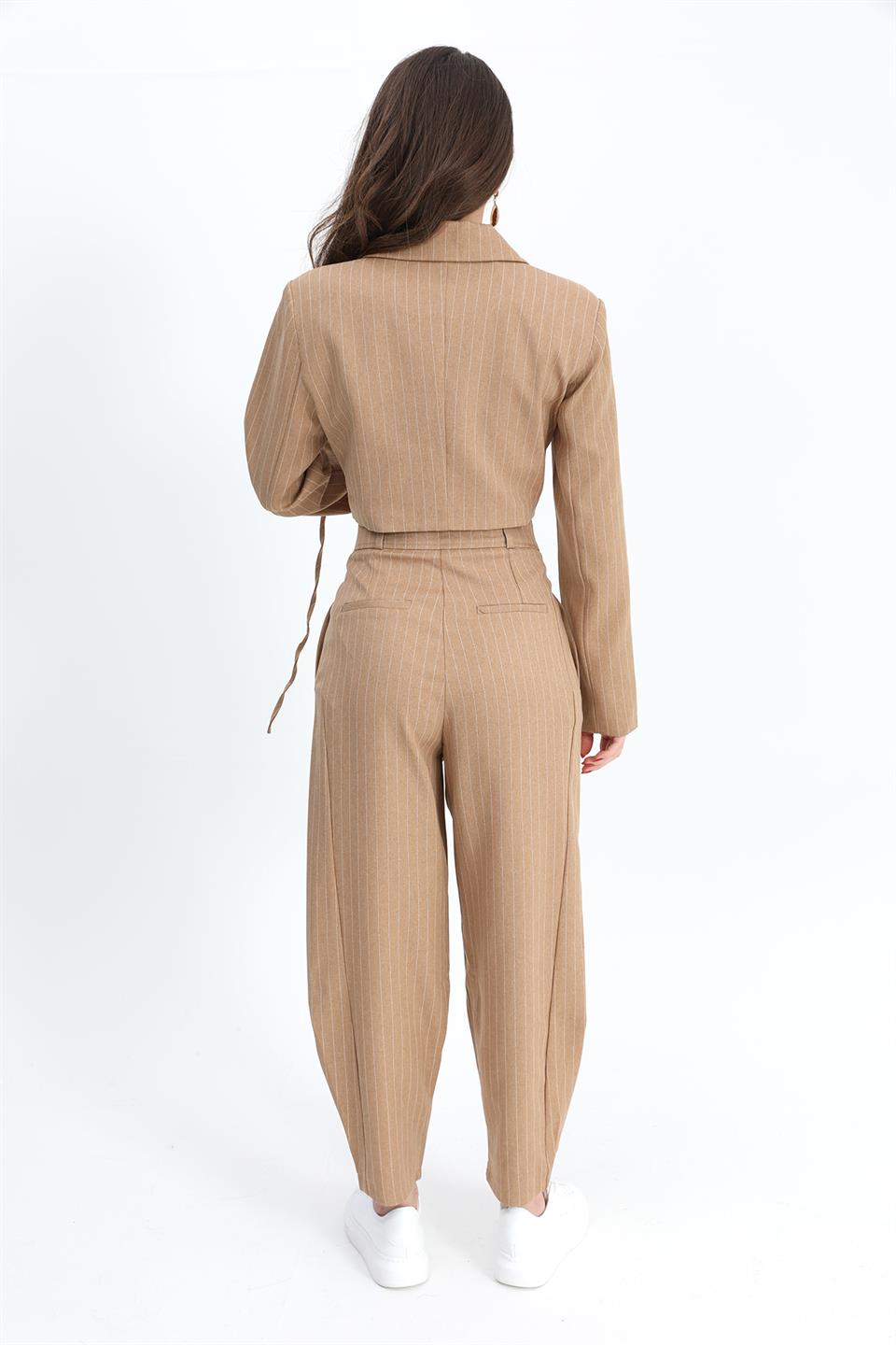 Women's Striped High Waist Trousers With Buttons - Camel - STREETMODE™