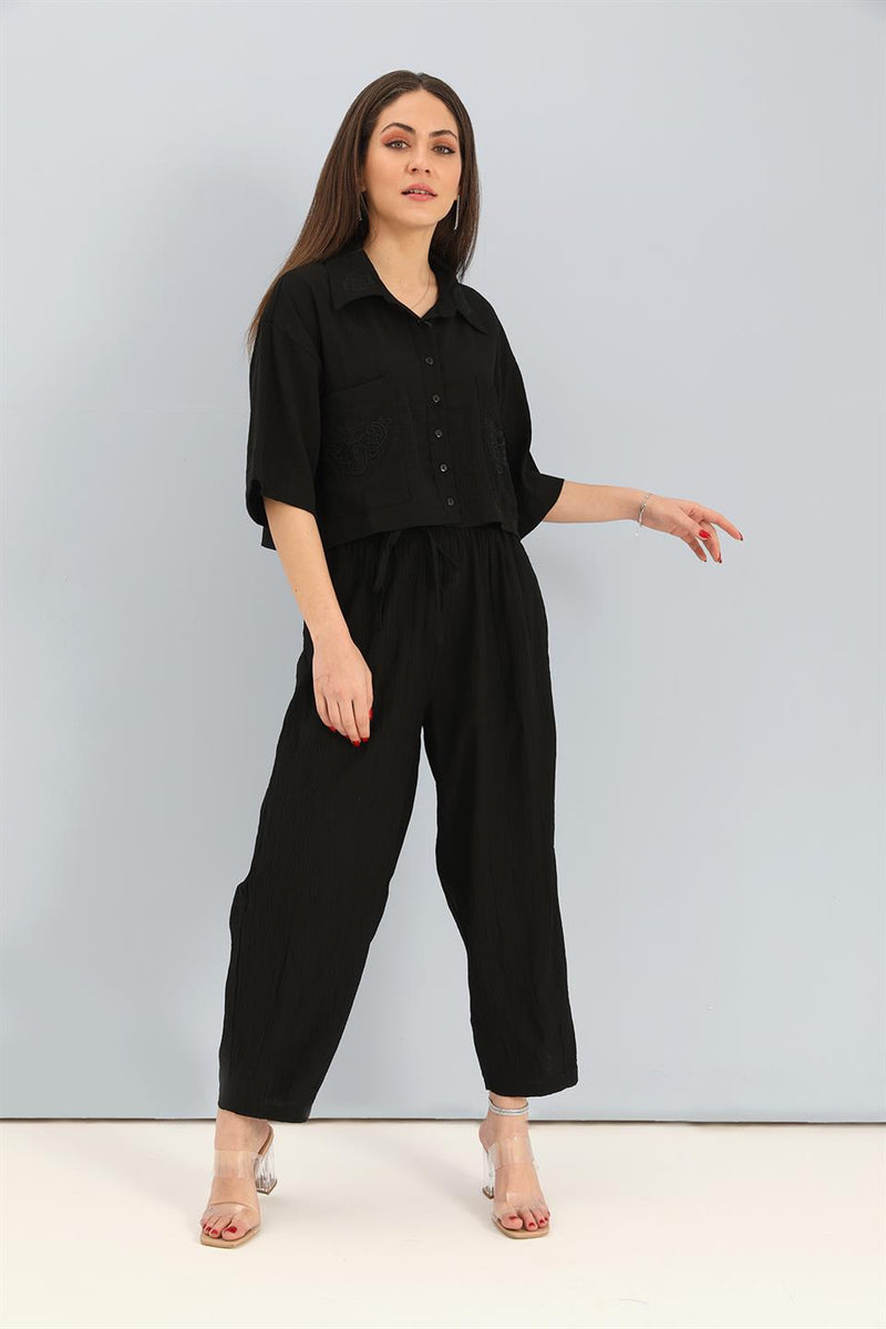 Women's Suit Embroidery Detailed Viscose Shirt Pants - Black - STREETMODE™