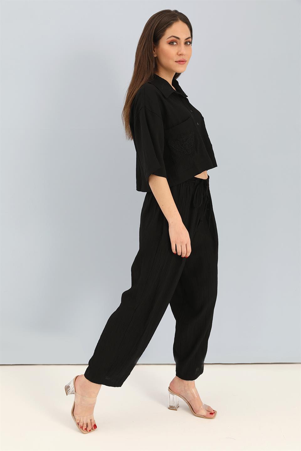 Women's Suit Embroidery Detailed Viscose Shirt Pants - Black - STREETMODE™