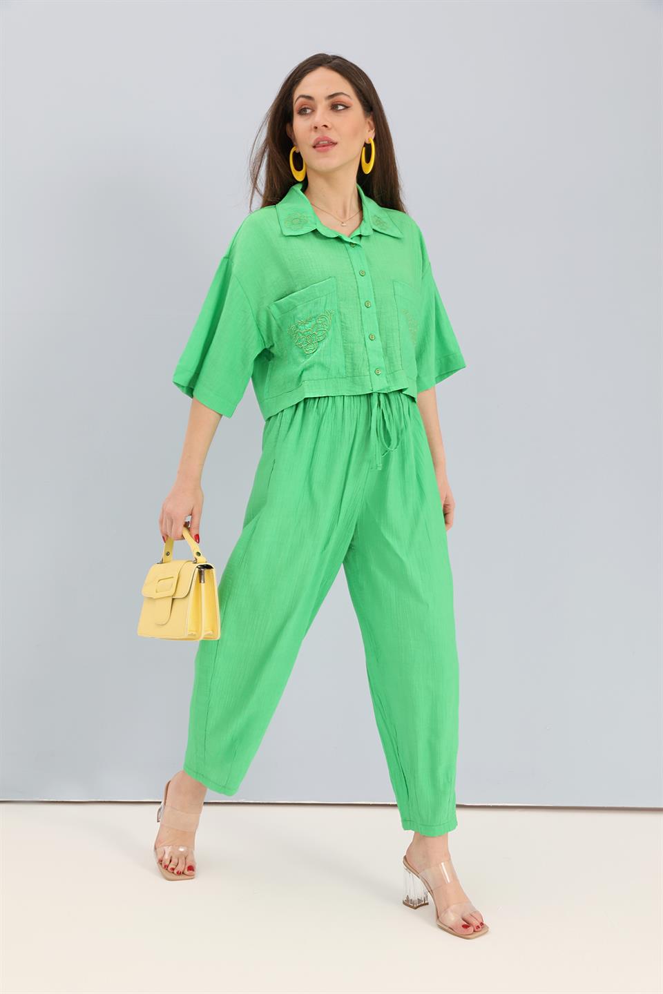Women's Suit Embroidery Detailed Viscose Shirt Pants - Green - STREETMODE™