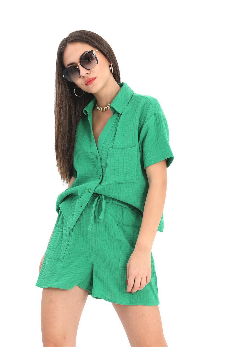 Women's Suit Muslin Shirt Shorts - Green - STREETMODE™