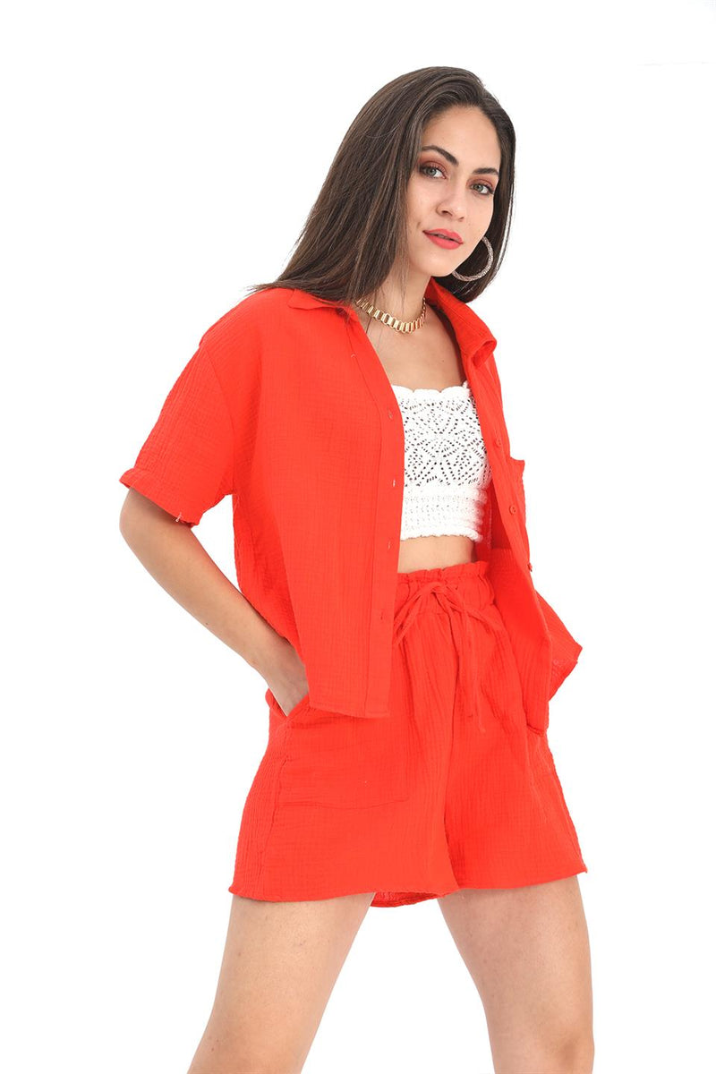 Women's Suit Muslin Shirt Shorts - Orange - STREETMODE™