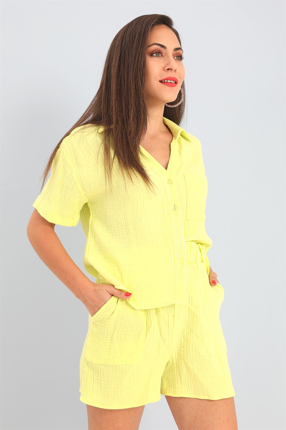 Women's Suit Muslin Shirt Shorts - Yellow - STREETMODE™