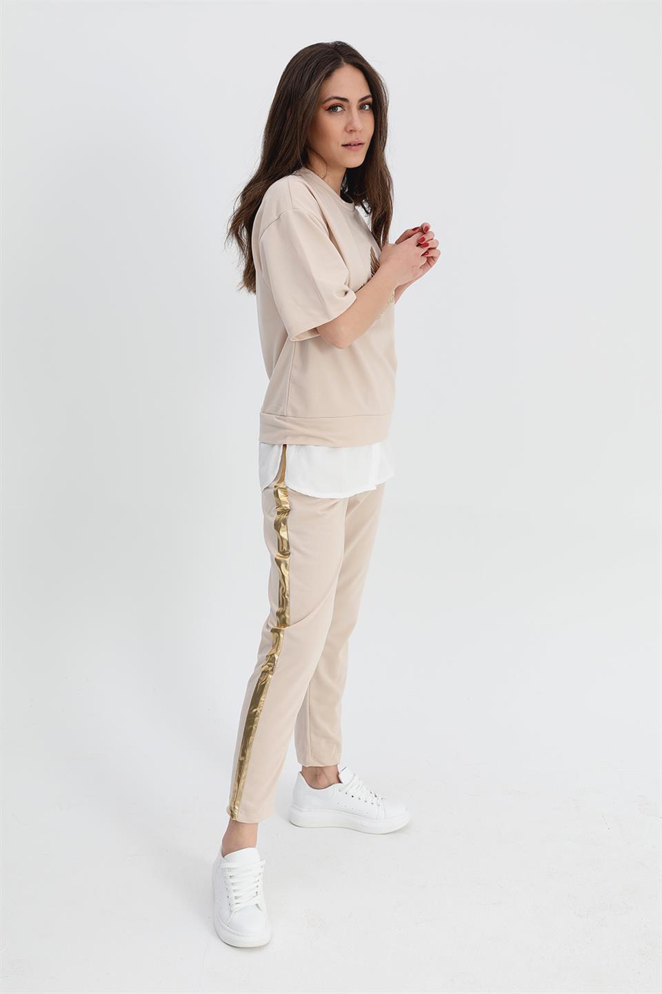 Women's Suit Skirt Grass Bird Printed Elastic Waist T-shirt Trousers - Beige - STREETMODE™