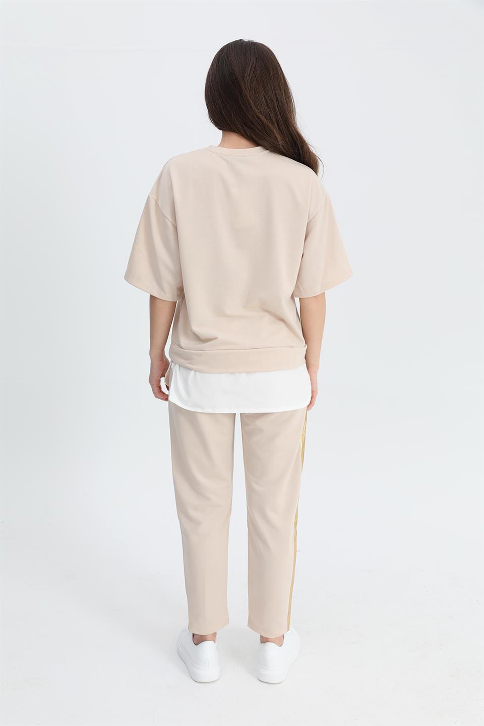 Women's Suit Skirt Grass Bird Printed Elastic Waist T-shirt Trousers - Beige - STREETMODE™