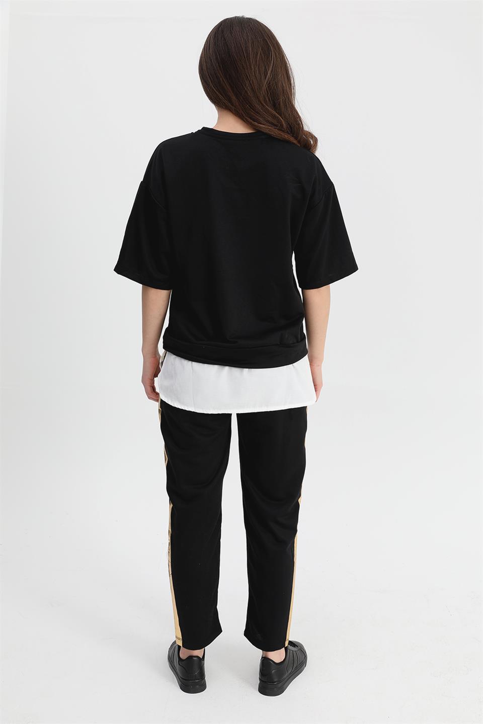 Women's Suit Skirt Grass Bird Printed Elastic Waist T-shirt Trousers - Black - STREETMODE™