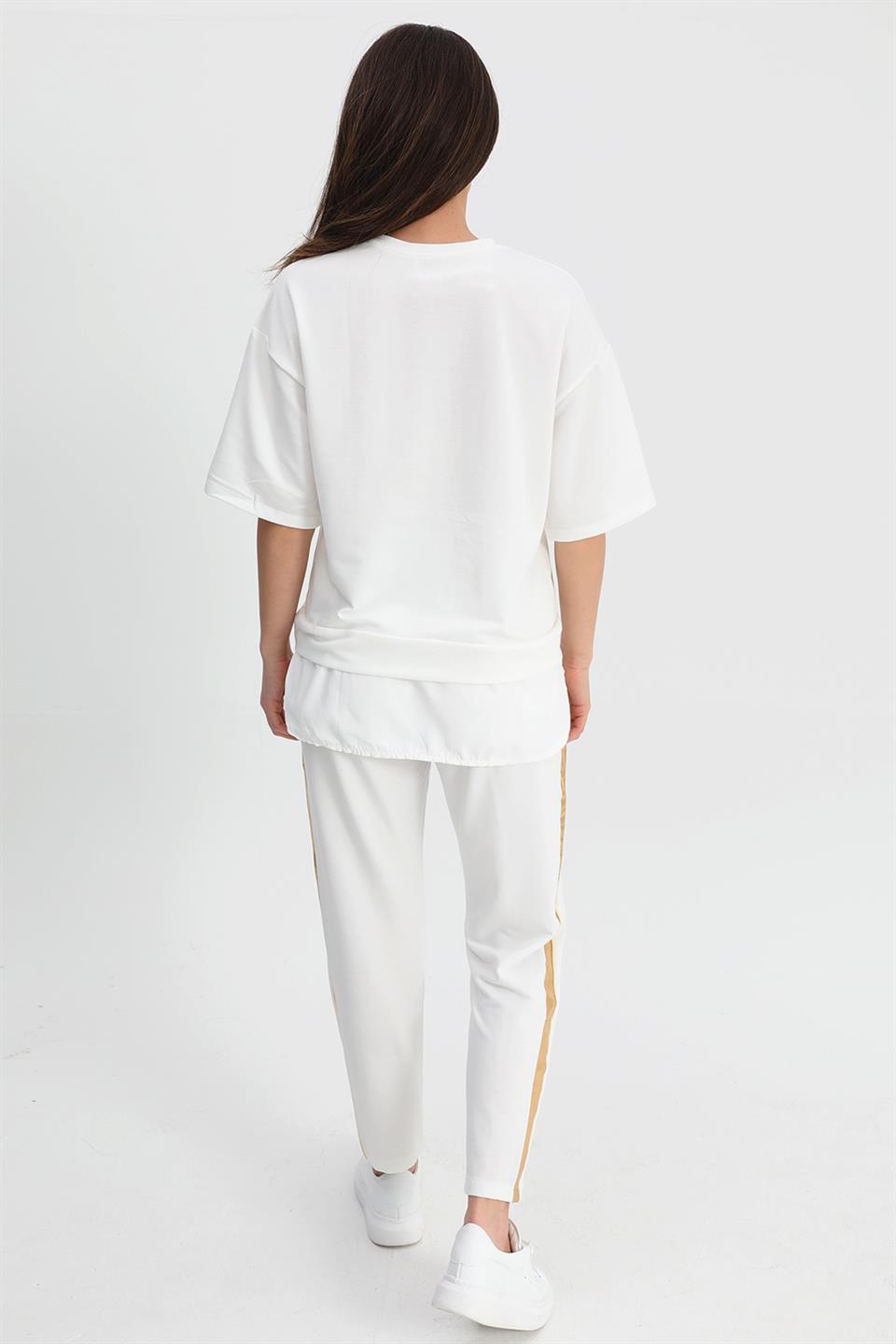 Women's Suit Skirt Grass Bird Printed T-shirt with Elastic Waist Trousers - Ecru - STREETMODE™