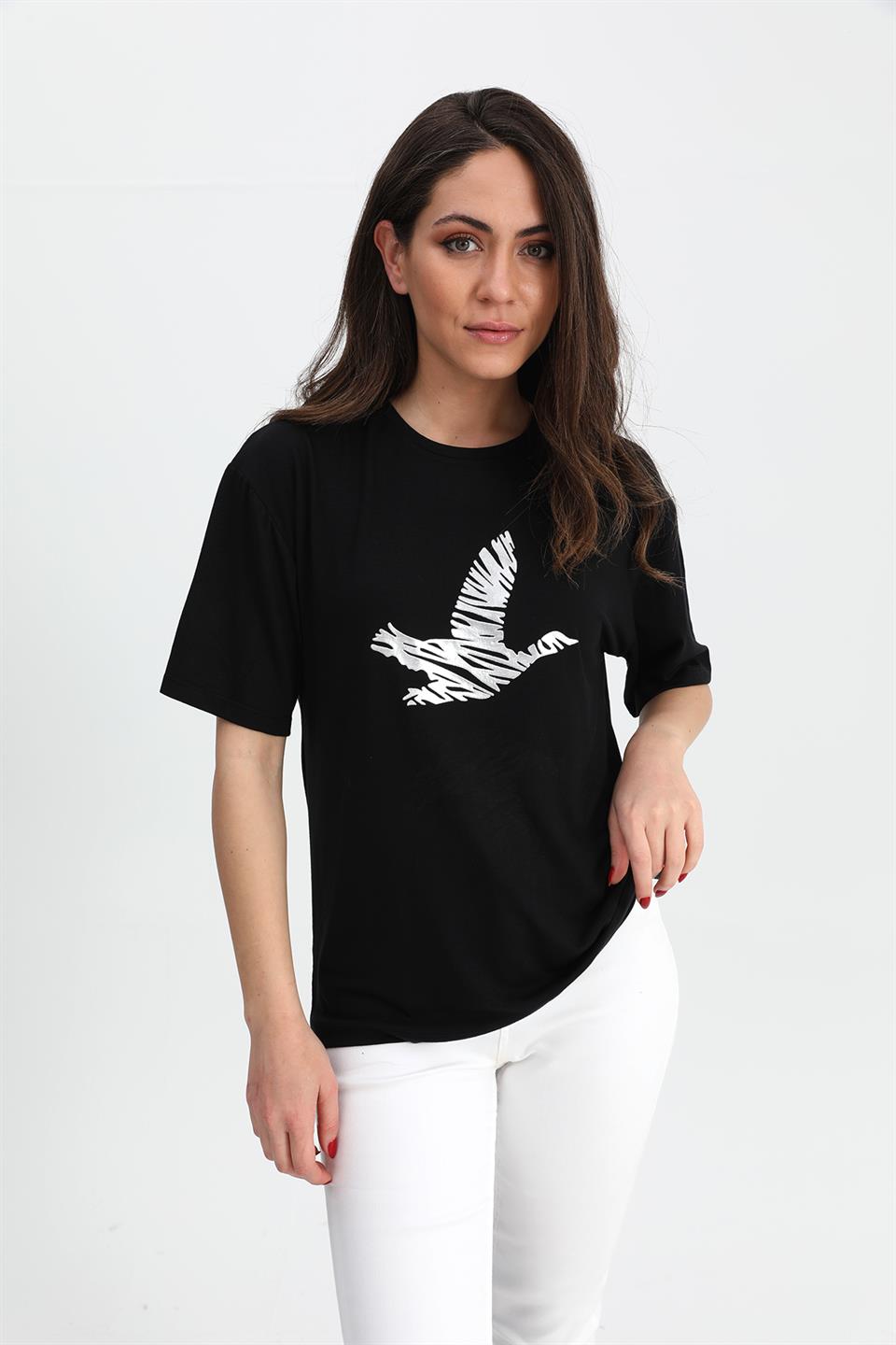 Women's T-shirt Bird Print Crew Neck - Black - STREETMODE™