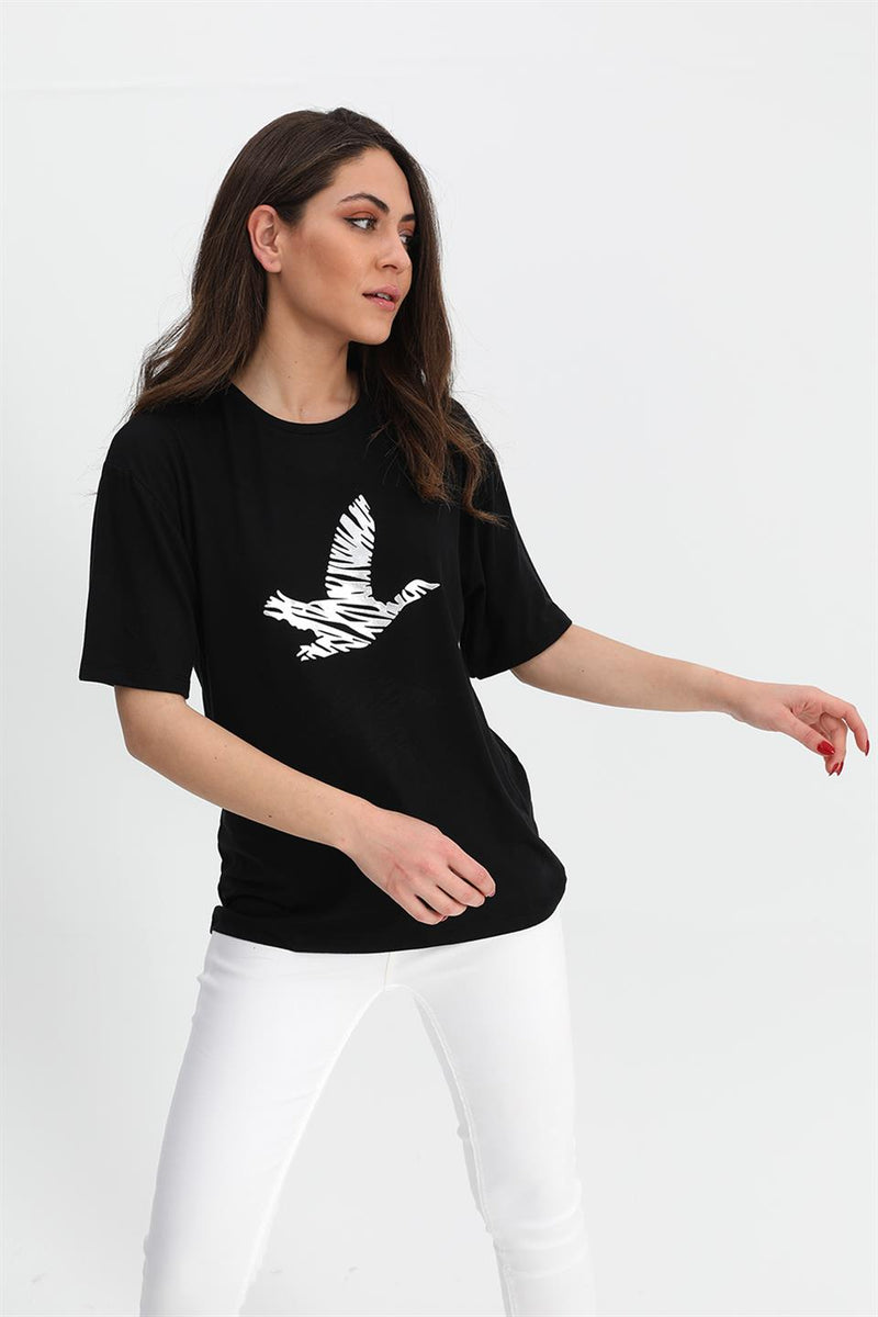 Women's T-shirt Bird Print Crew Neck - Black - STREETMODE™