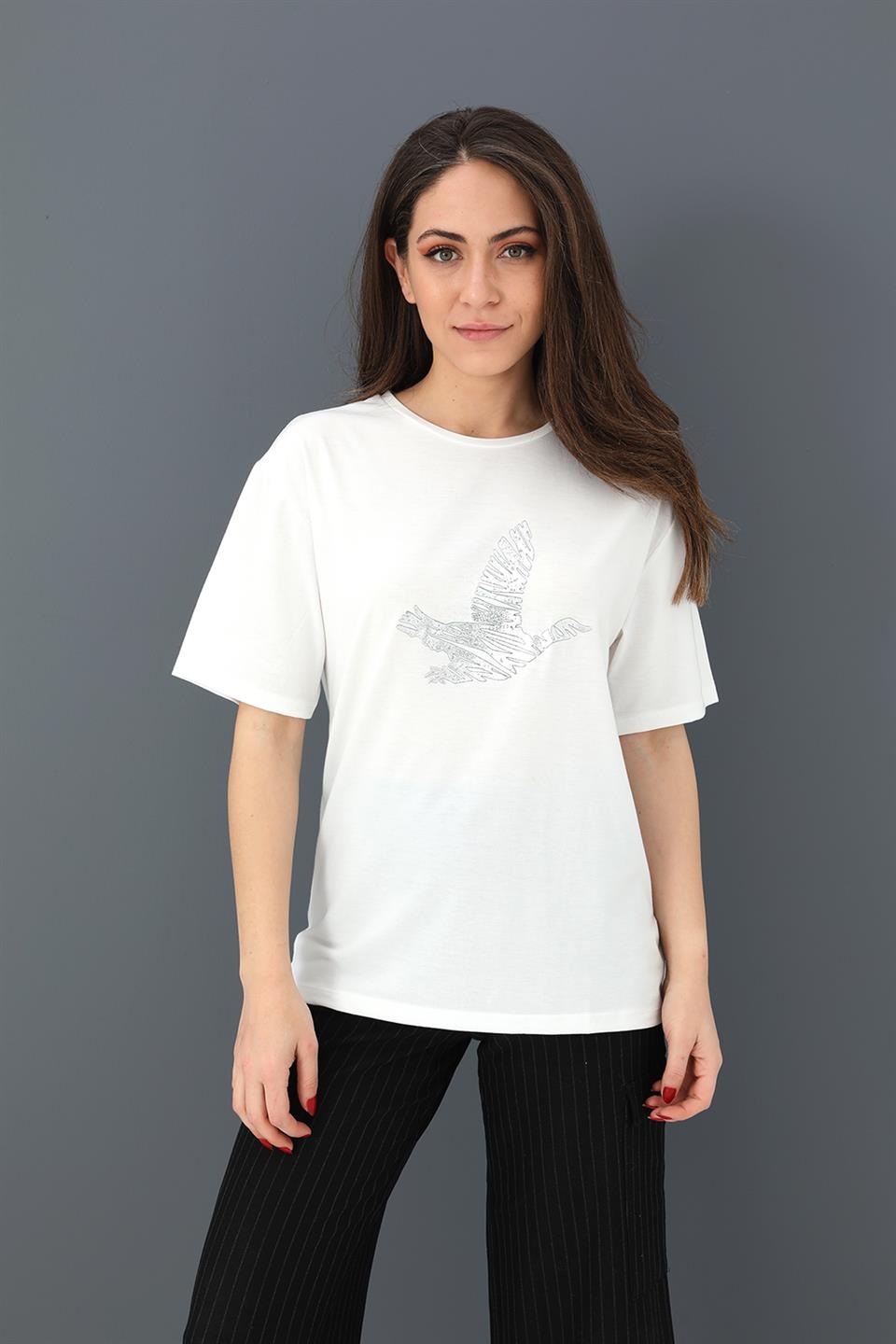 Women's T-shirt Bird Print Crew Neck - Ecru - STREETMODE™