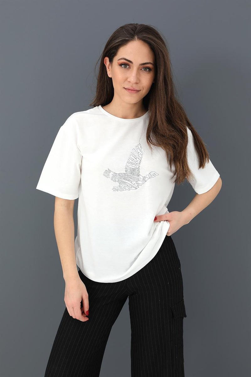 Women's T-shirt Bird Print Crew Neck - Ecru - STREETMODE™