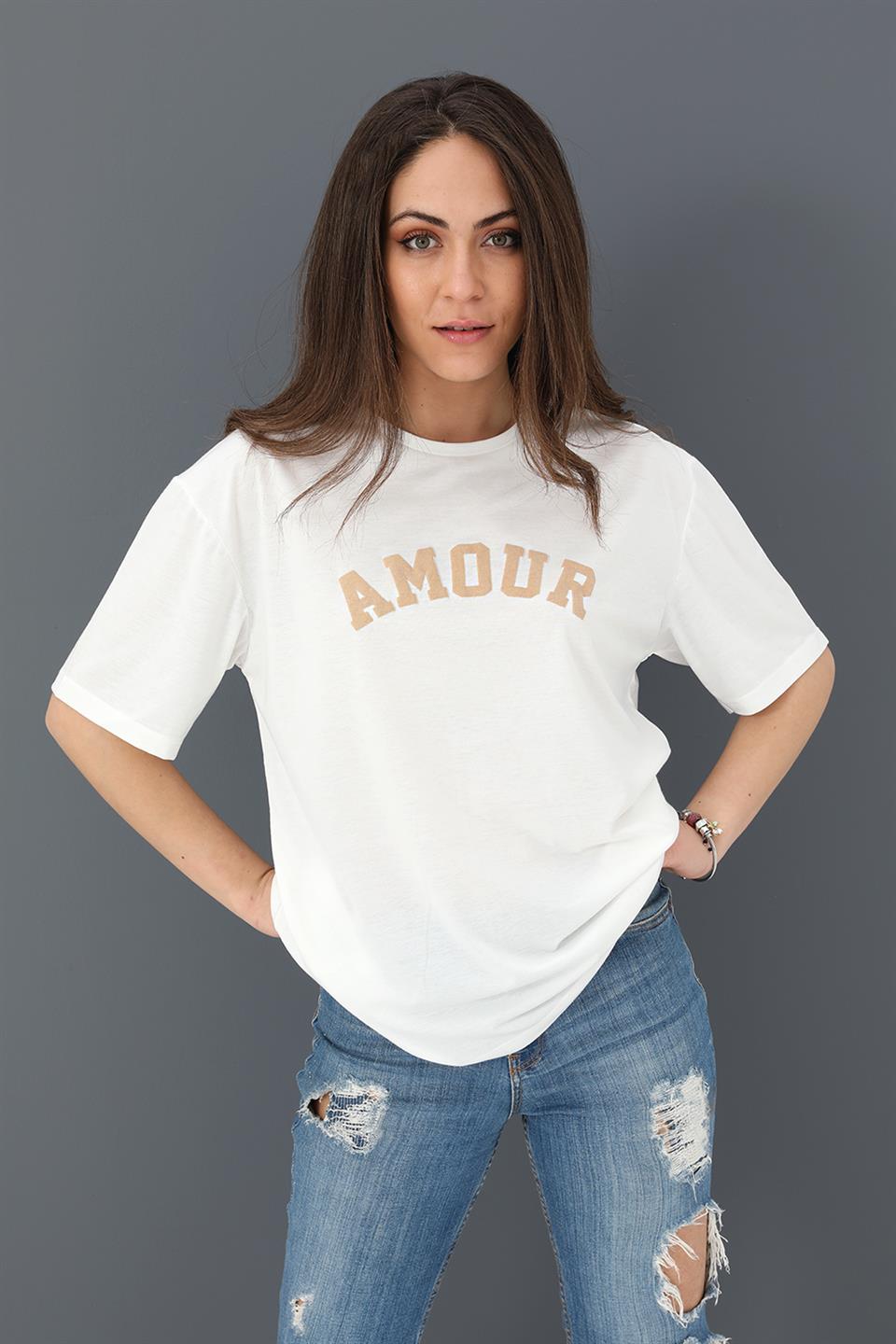 Women's T-shirt Crew Neck Amour Printed - Beige - STREETMODE™
