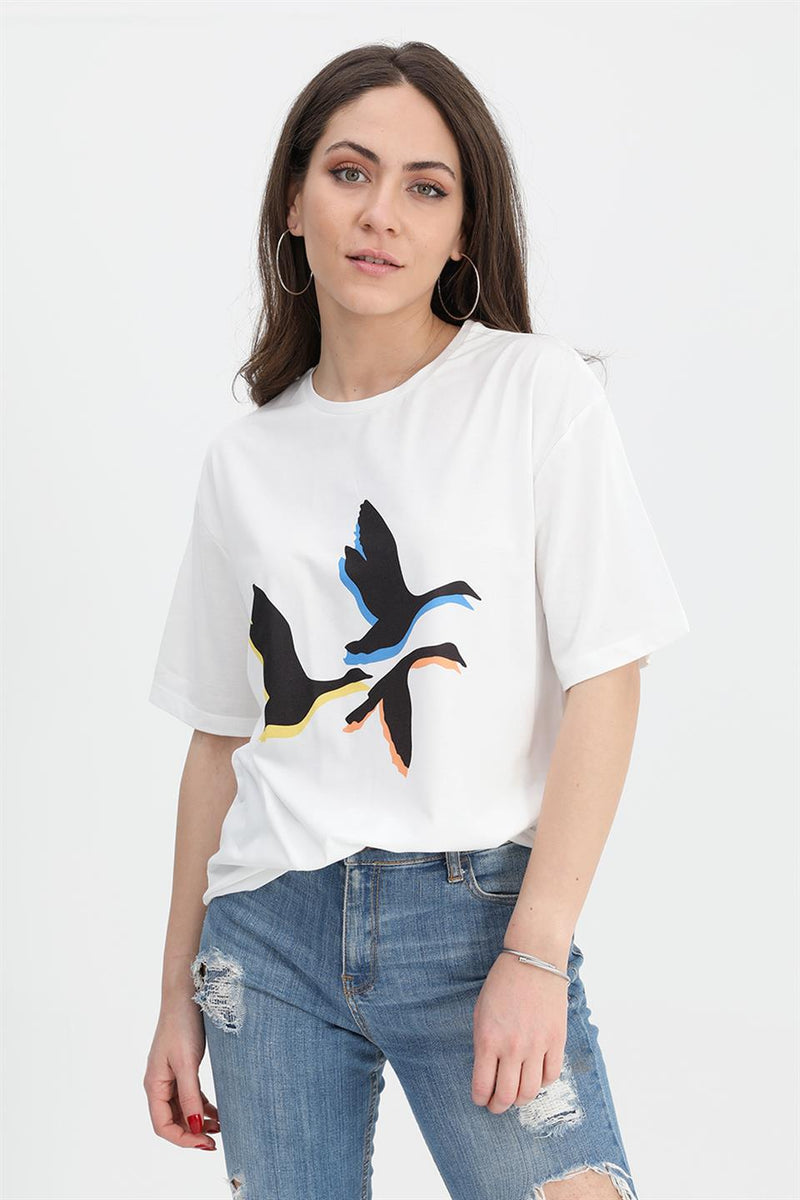 Women's T-shirt Crew Neck Bird Print - Ecru - STREETMODE™