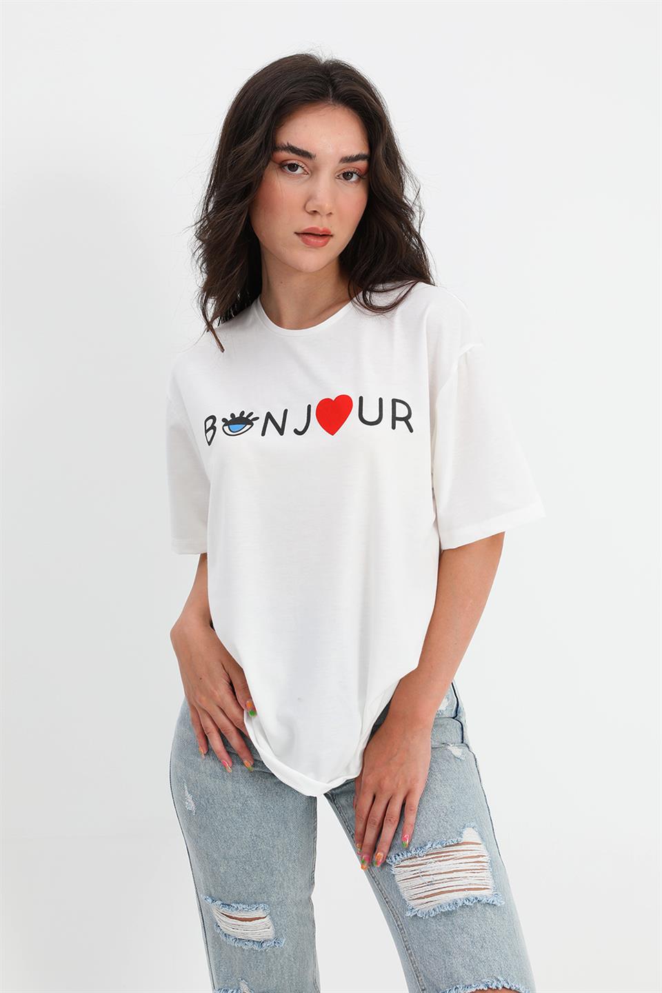 Women's T-shirt Crew Neck Bonjour Written - White - STREETMODE™