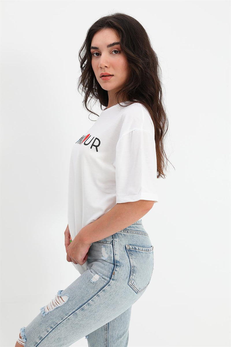 Women's T-shirt Crew Neck Bonjour Written - White - STREETMODE™
