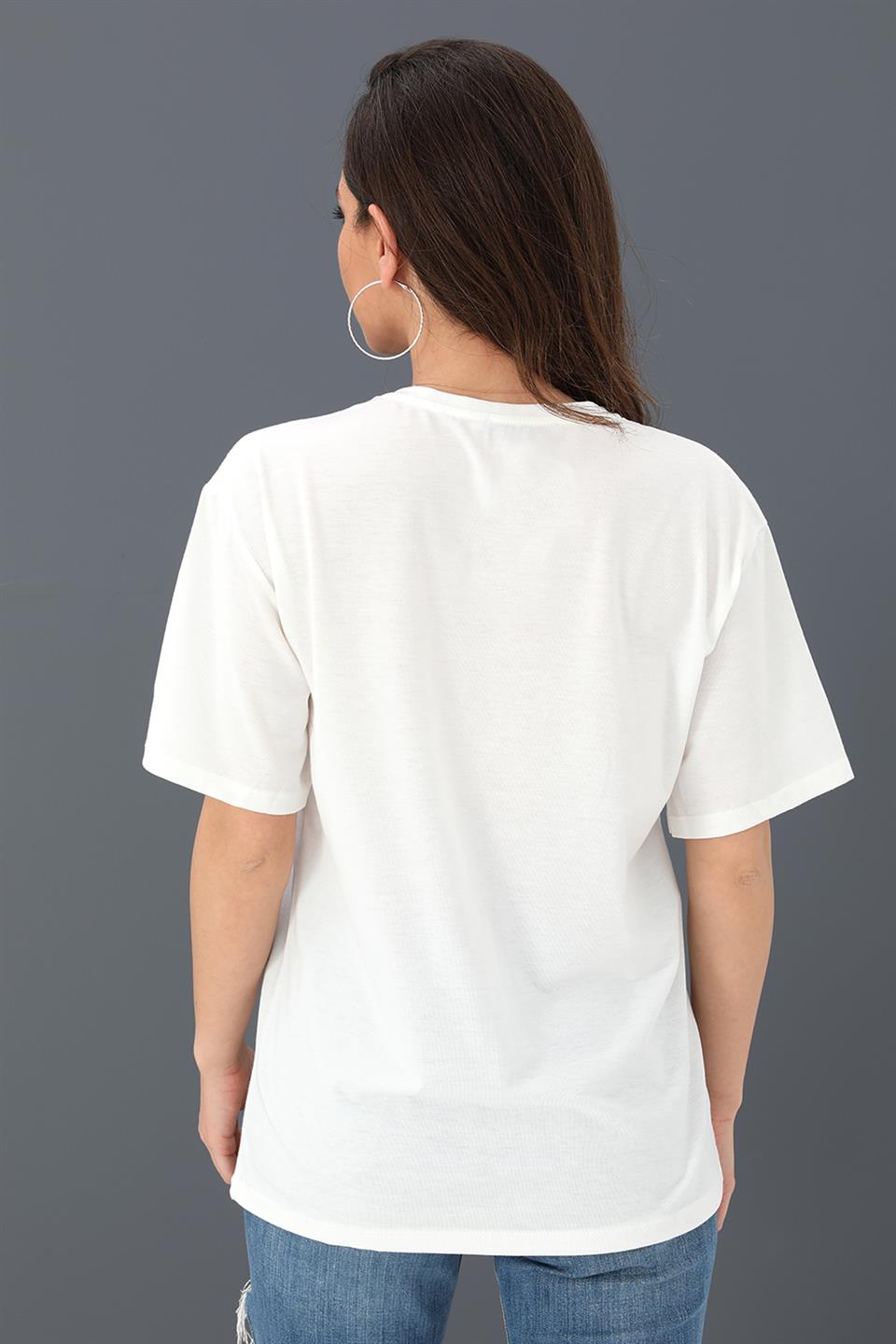 Women's T-shirt Crew Neck Chain Detailed - Ecru - STREETMODE™