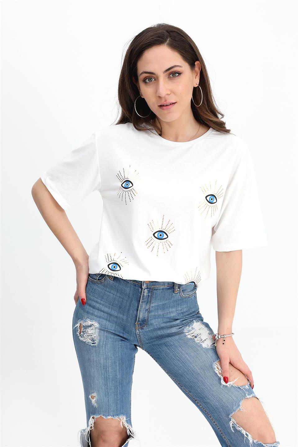 Women's T-shirt Crew Neck Eye Print - Ecru - STREETMODE™