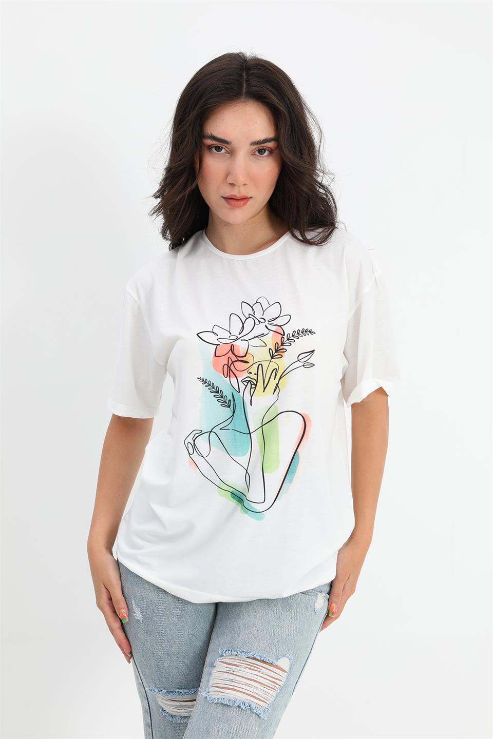 Women's T-shirt Crew Neck Floral Pattern - Ecru - STREETMODE™