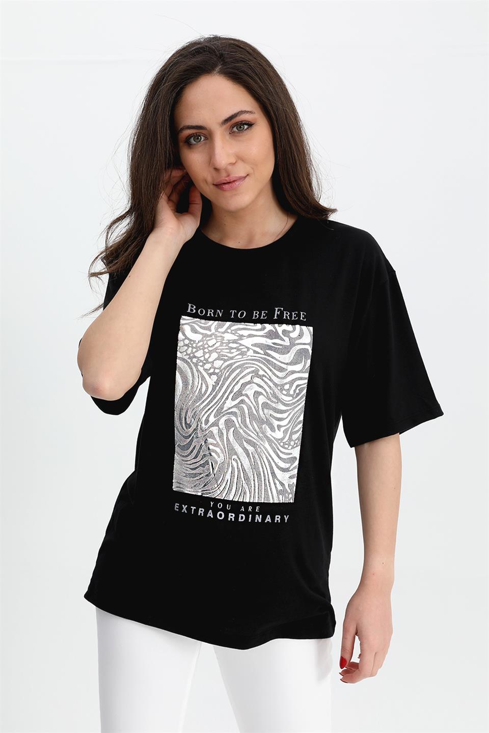 Women's T-shirt Crew Neck Glitter Print - Black - STREETMODE™