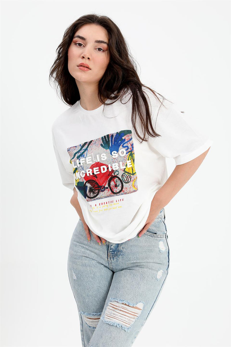 Women's T-shirt Crew Neck Patterned Embossed Written - Ecru - STREETMODE™