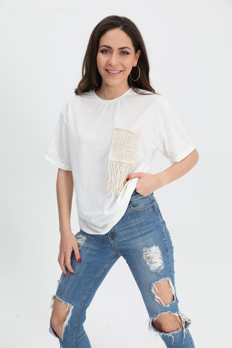Women's T-shirt Crew Neck Pocket Detailed - Ecru - STREETMODE™