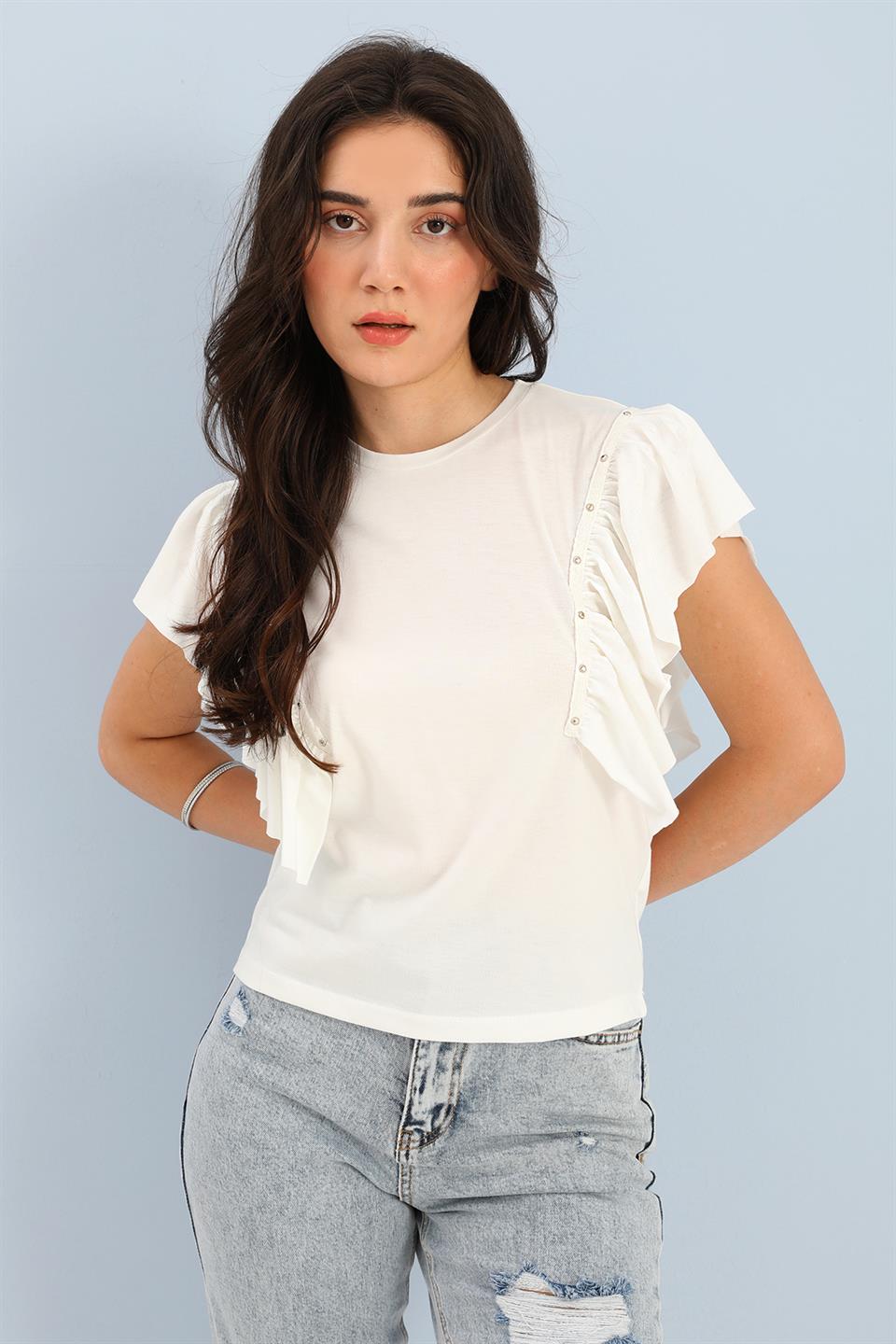 Women's T-shirt Crew Neck Ruffled Sleeves - White - STREETMODE™