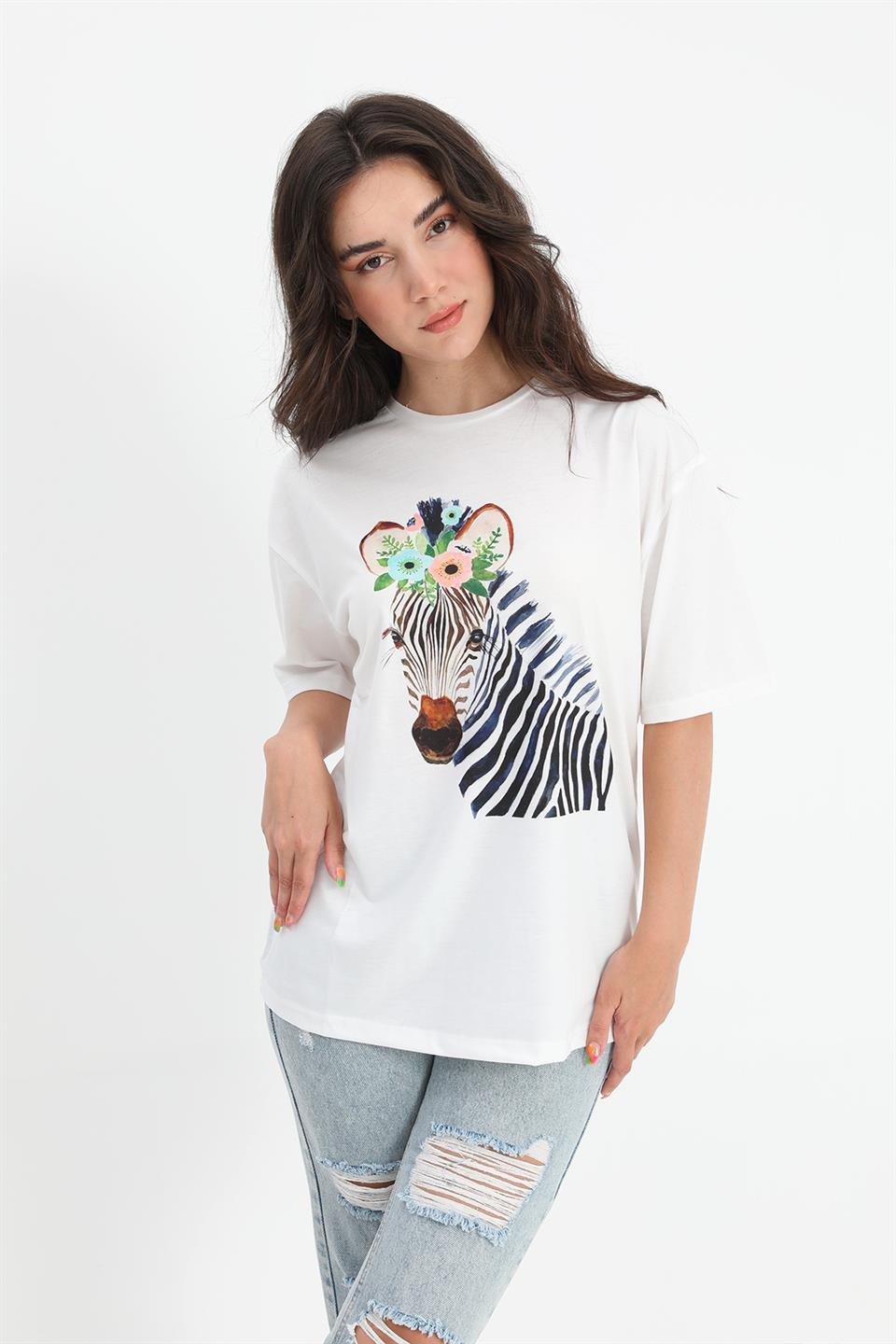 Women's T-shirt Crew Neck Zebra Pattern - Ecru - STREETMODE™