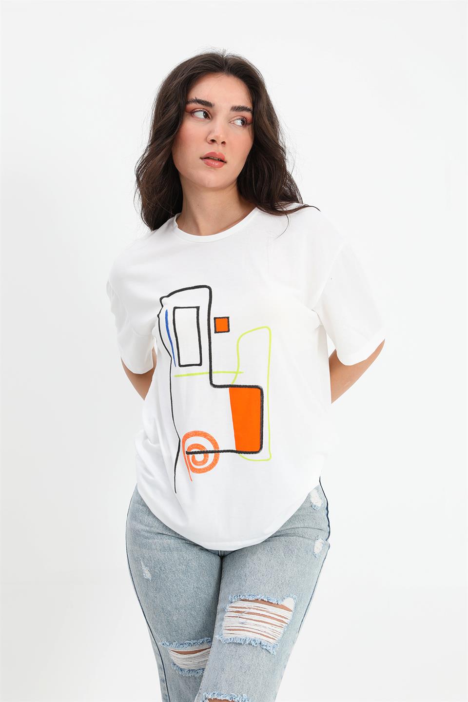 Women's T-shirt Geometric Pattern - Ecru - STREETMODE™