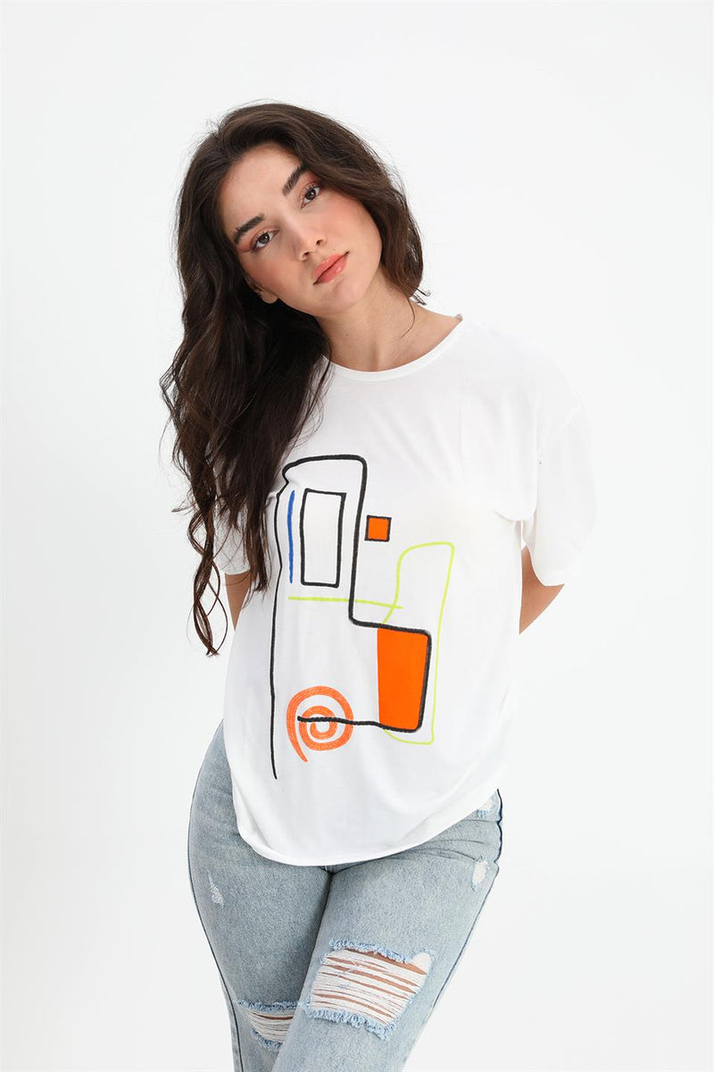 Women's T-shirt Geometric Pattern - Ecru - STREETMODE™