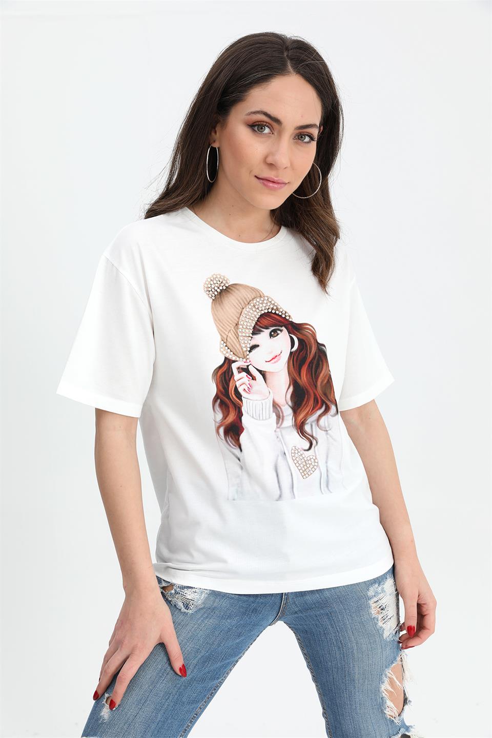 Women's T-shirt Girl Printed Stone Embroidered - Beige - STREETMODE™