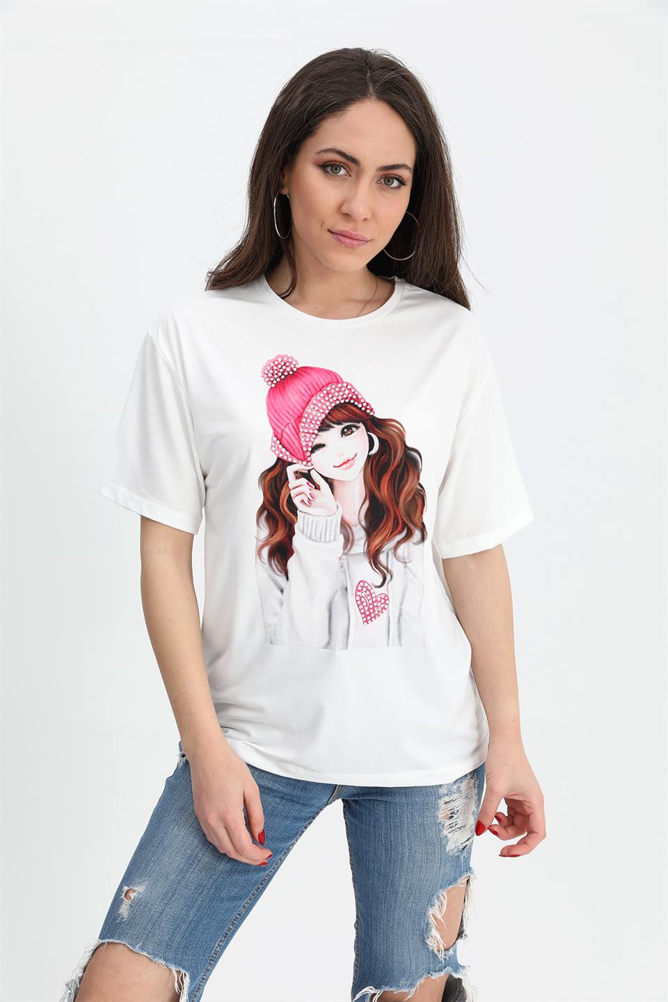 Women's T-shirt Girl Printed Stone Embroidered - Fuchsia - STREETMODE™