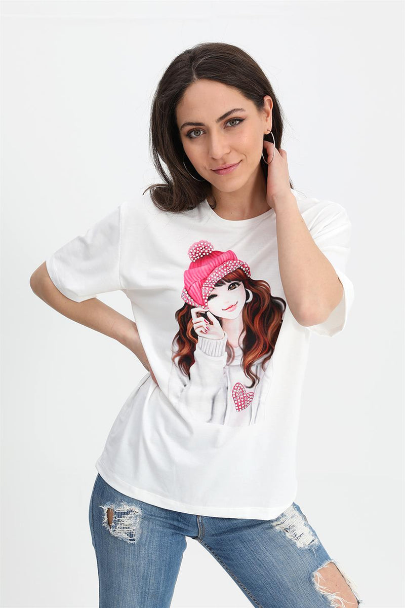 Women's T-shirt Girl Printed Stone Embroidered - Fuchsia - STREETMODE™